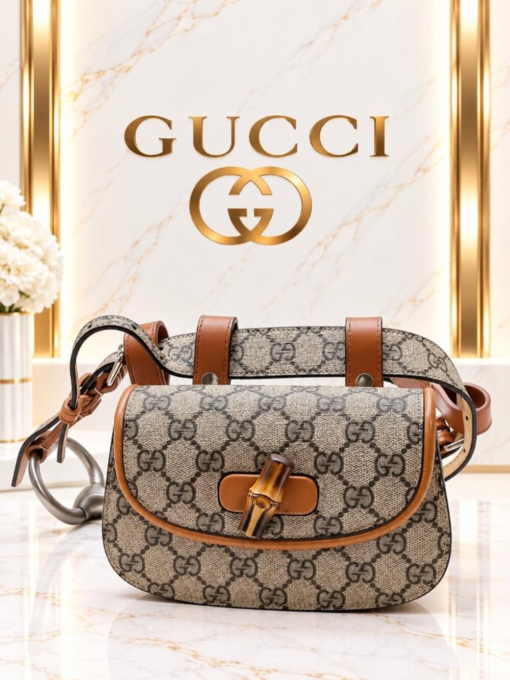 Authentic Gucci Bamboo GG Supreme Belt Bag Beige Brown Leather Waist Crossbody